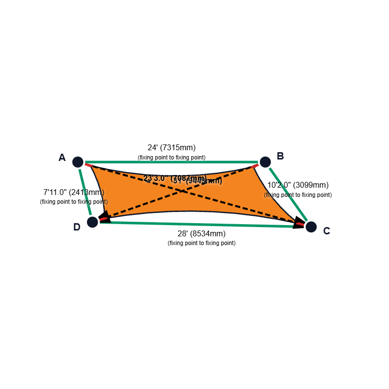 Custom Monotec 370 Shade Sail - Sherbet Orange - 4 Corner - Technical Drawing
