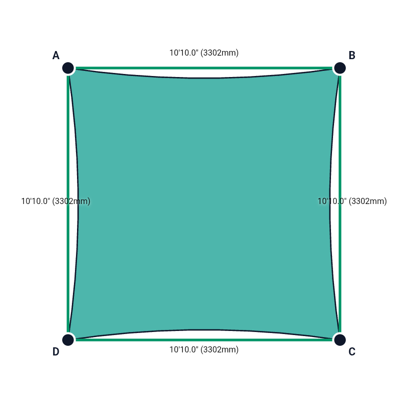 Custom Commercial 95 Shade Sail - Aquamarine - 4 Corner - Technical Drawing
