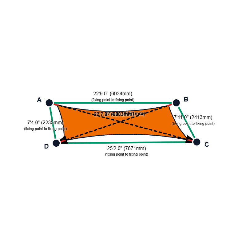 Custom Commercial 95 Shade Sail - Orange - 4 Corner - Technical Drawing