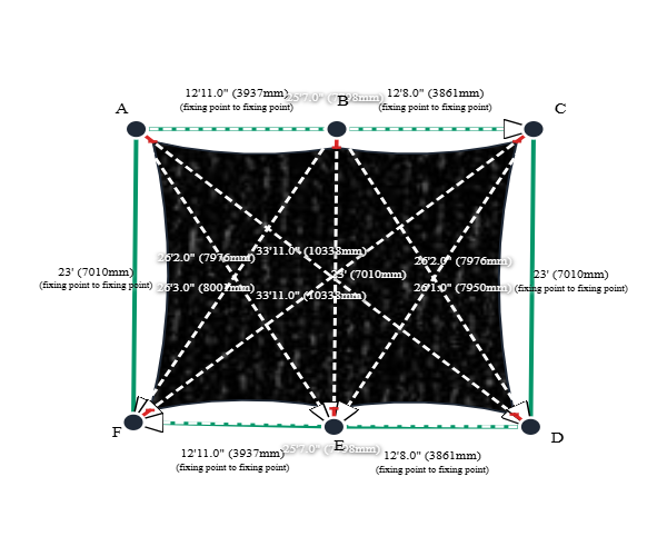 Custom ExtraBlock 330 Shade Sail - Midnight - 6 Corner - Technical Drawing
