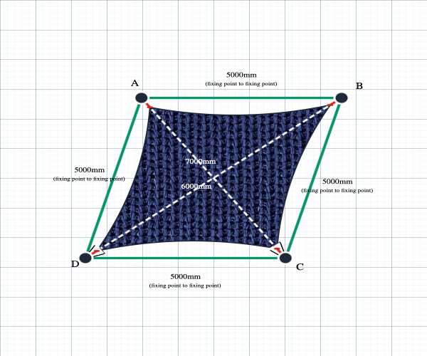Custom Monotec 370 Shade Sail - Sheba Navy - 4 Corner - Technical Drawing