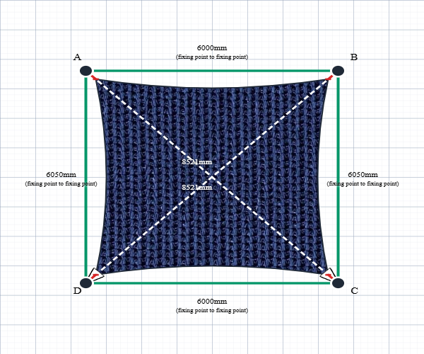 Custom Monotec 370 Shade Sail - Sheba Navy - 4 Corner - Technical Drawing