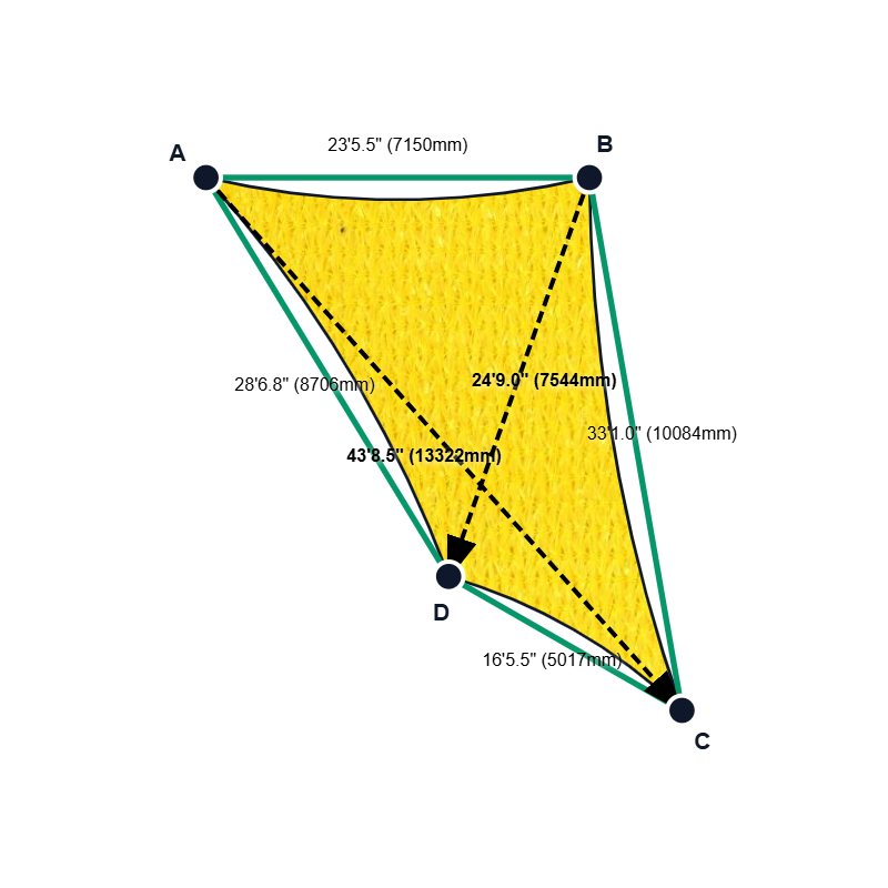 Custom Shadetec 320 Shade Sail - Sunshine Yellow - 4 Corner - Technical Drawing