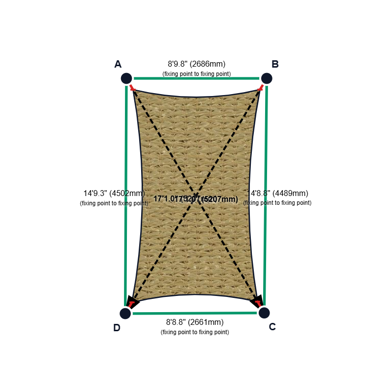 Custom Shadetec 320 Shade Sail - Desert Sand - 4 Corner - Technical Drawing