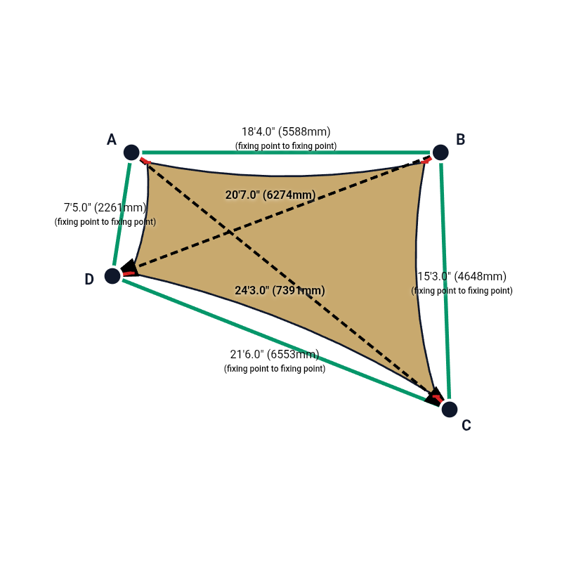Custom Monotec 370 Shade Sail - Karloo Sand - 4 Corner - Technical Drawing