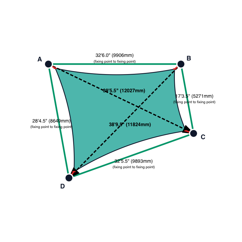 Custom Commercial 95 Shade Sail - Aquamarine - 4 Corner - Technical Drawing