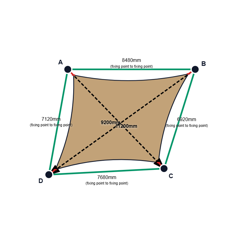 Custom Shadetec 320 Shade Sail - Desert Sand - 4 Corner - Technical Drawing