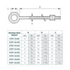 Technical dimension diagram and size table for stainless steel eyebolt fasteners, showing labeled parts A, B, and C with a table of millimeter and inch measurements for different bolt sizes.