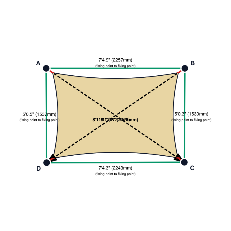 Custom Monotec 370 Shade Sail - Chino Cream - 4 Corner - Technical Drawing