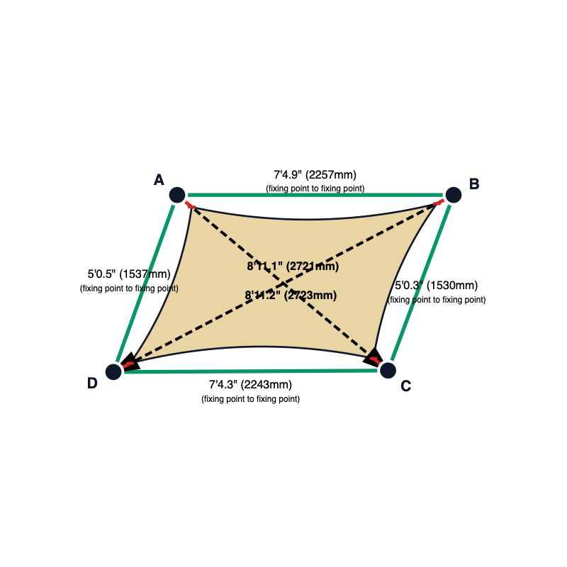 Custom Monotec 370 Shade Sail - Chino Cream - 4 Corner - Technical Drawing