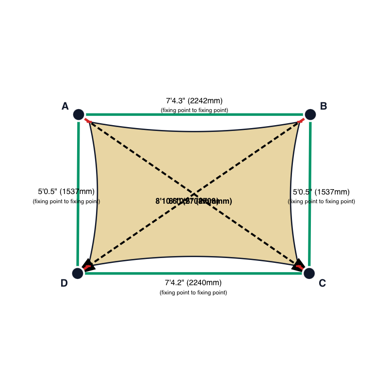 Custom Monotec 370 Shade Sail - Chino Cream - 4 Corner - Technical Drawing