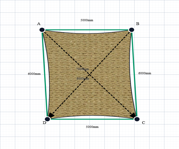Custom Shadetec 320 Shade Sail - Desert Sand - 4 Corner - Technical Drawing