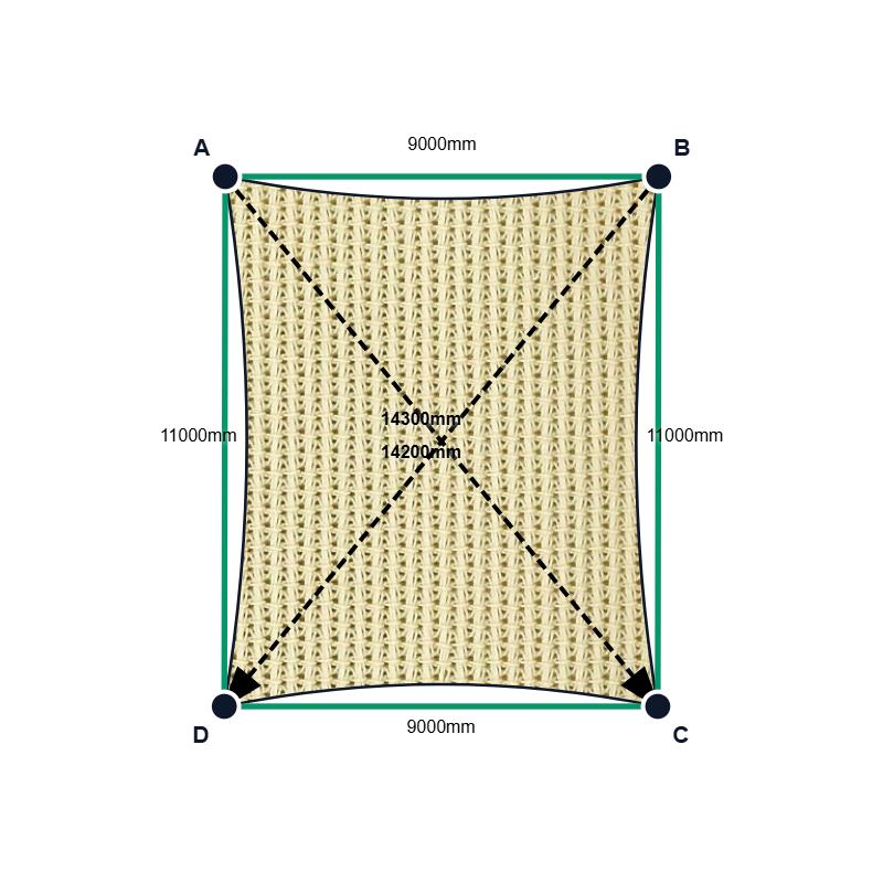 Custom Monotec 370 Shade Sail - Karloo Sand - 4 Corner - Technical Drawing