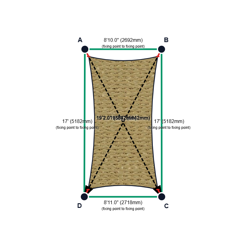 Custom Shadetec 320 Shade Sail - Desert Sand - 4 Corner - Technical Drawing