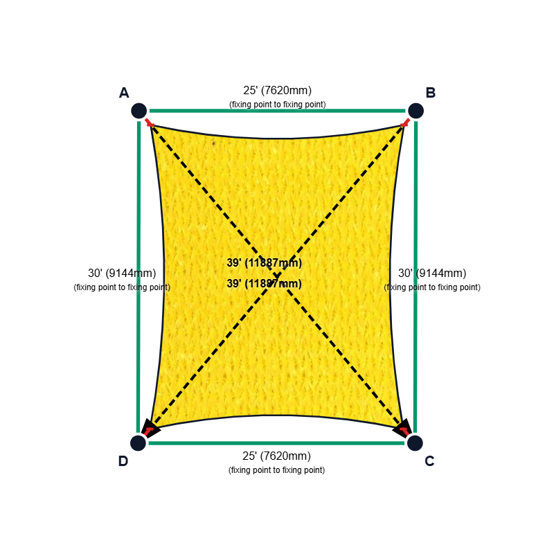 Custom Shadetec 320 Shade Sail - Sunshine Yellow - 4 Corner - Technical Drawing