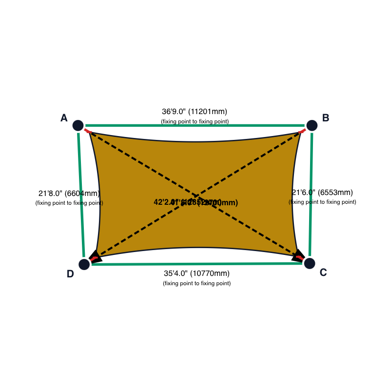Custom Shadetec 320 Shade Sail - Canyon Tan - 4 Corner - Technical Drawing