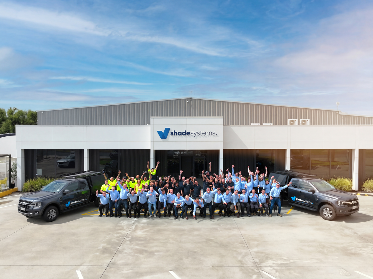 Shade Space team outside the Dargaville factory in New Zealand.