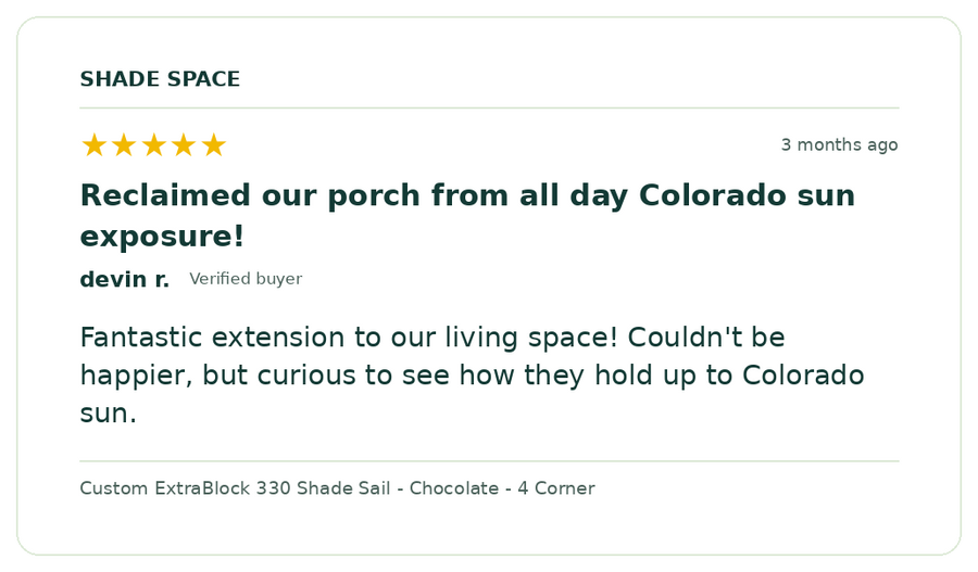 Five-star customer review of a Shade Space shade sail