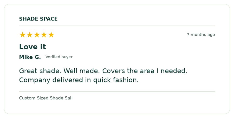 Five-star customer review of a Shade Space shade sail