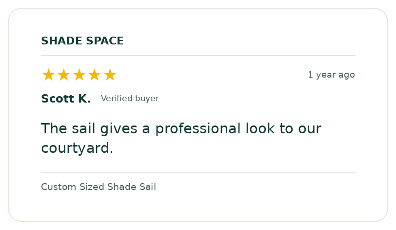 Five-star customer review of a Shade Space shade sail