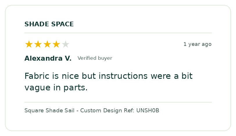 Five-star customer review of a Shade Space shade sail
