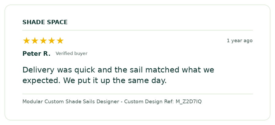 Five-star customer review of a Shade Space shade sail