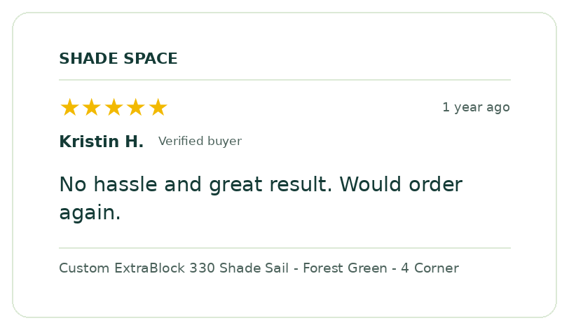 Five-star customer review of a Shade Space shade sail