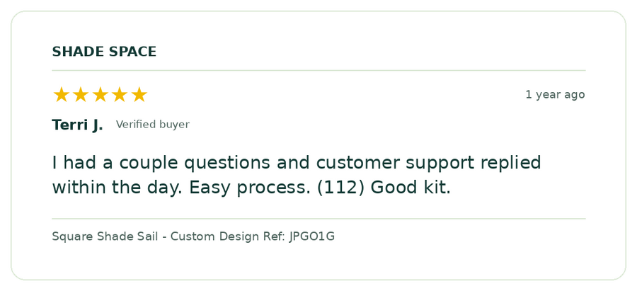 Five-star customer review of a Shade Space shade sail
