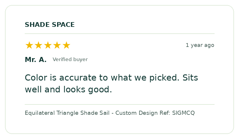 Five-star customer review of a Shade Space shade sail