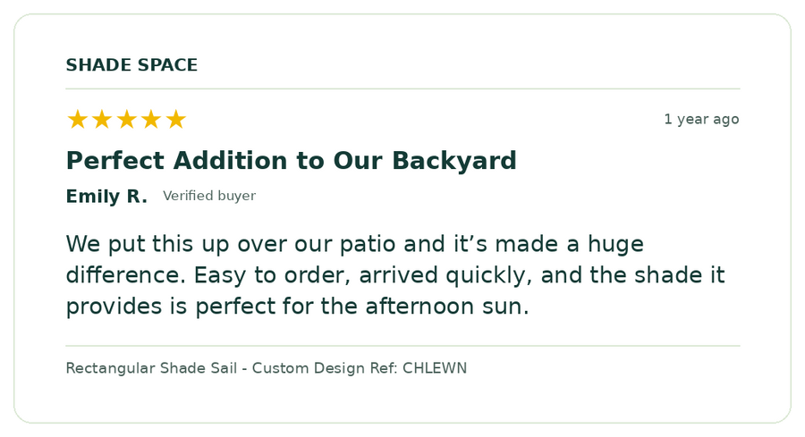 Five-star customer review of a Shade Space shade sail