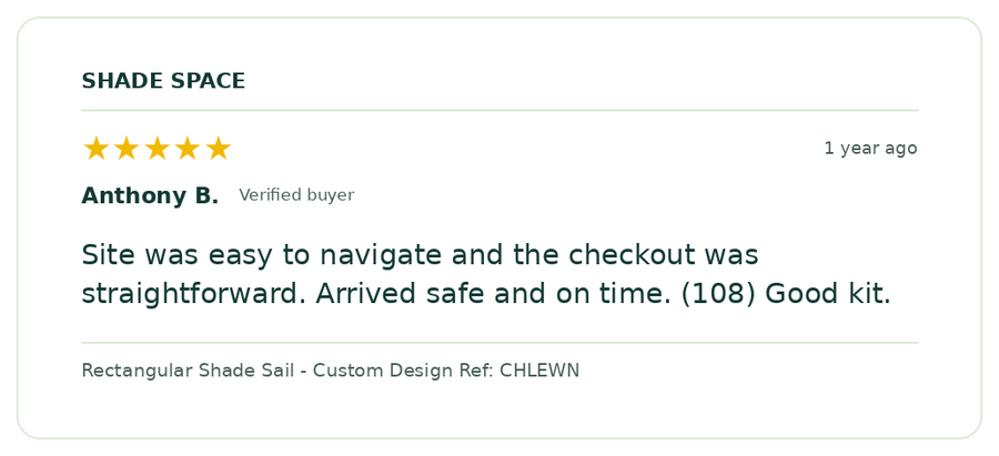 Five-star customer review of a Shade Space shade sail