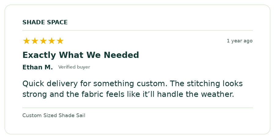 Five-star customer review of a Shade Space shade sail